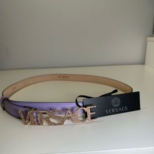 Versace Crystal Pave Logo Leather Belt in Liliac- Embellished Gold Emblem
